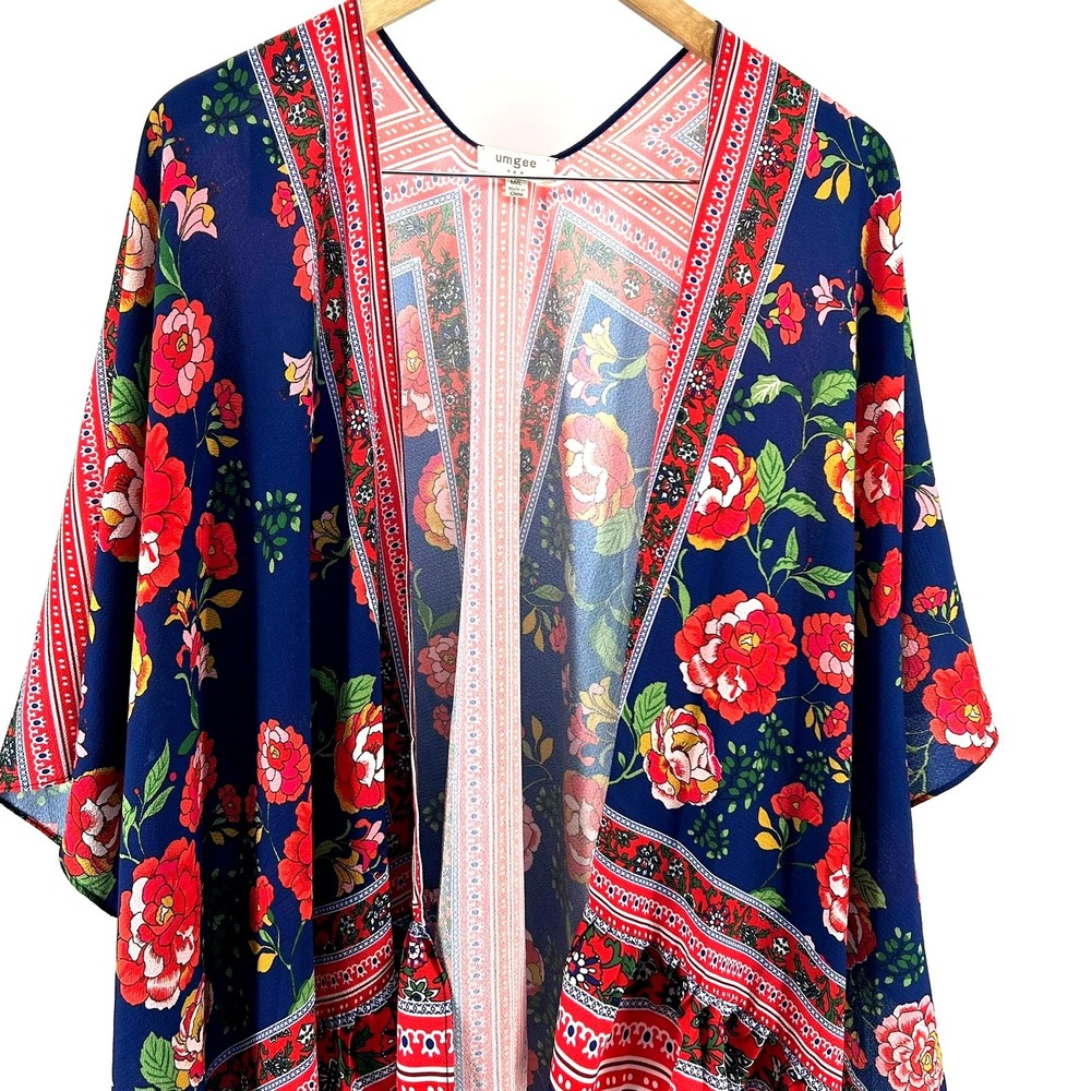 Umgee Womens Navy Blue Floral Boho Kimono Cardigan Swimsuit Cover Ruffle Hem M/L